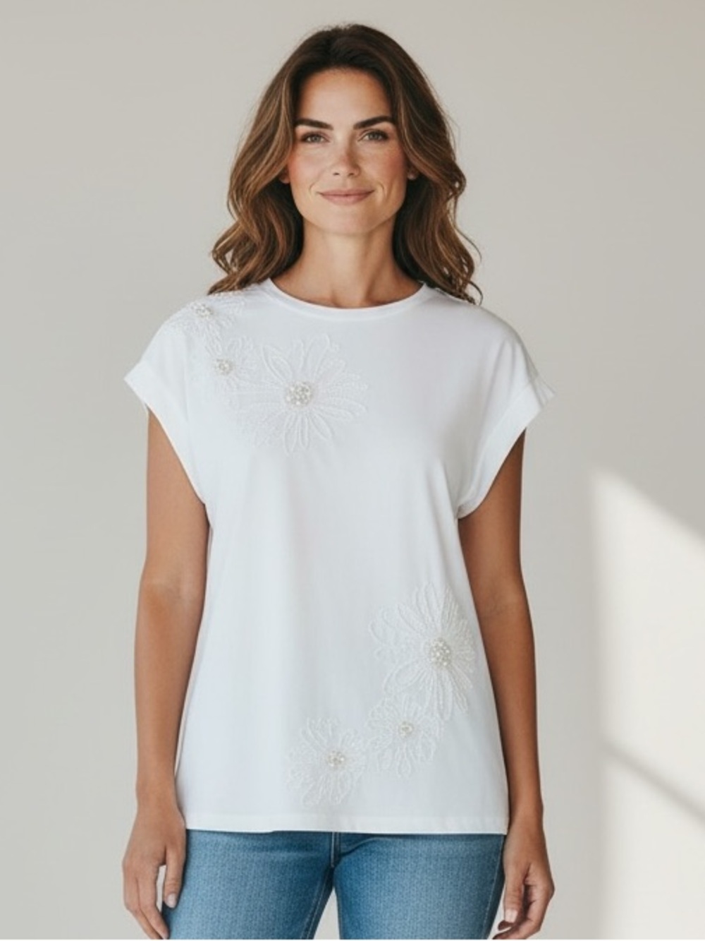 ON 12th ladies, cotton polyester, blend cap sleeve blouse, white pearl decor M